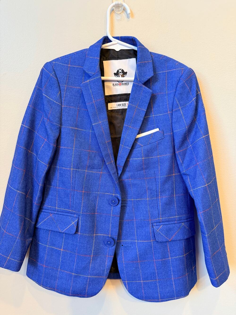 Black n Bianco Boys Blue Windowpane Plaid Formal Suit Blazer Jacket - Size 7